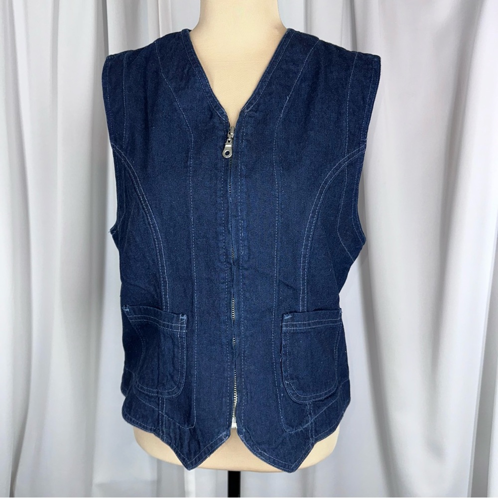 Vintage 90s Lee Denim Vest USA Made Union Made Zip Front Womens Medium Dark Wash